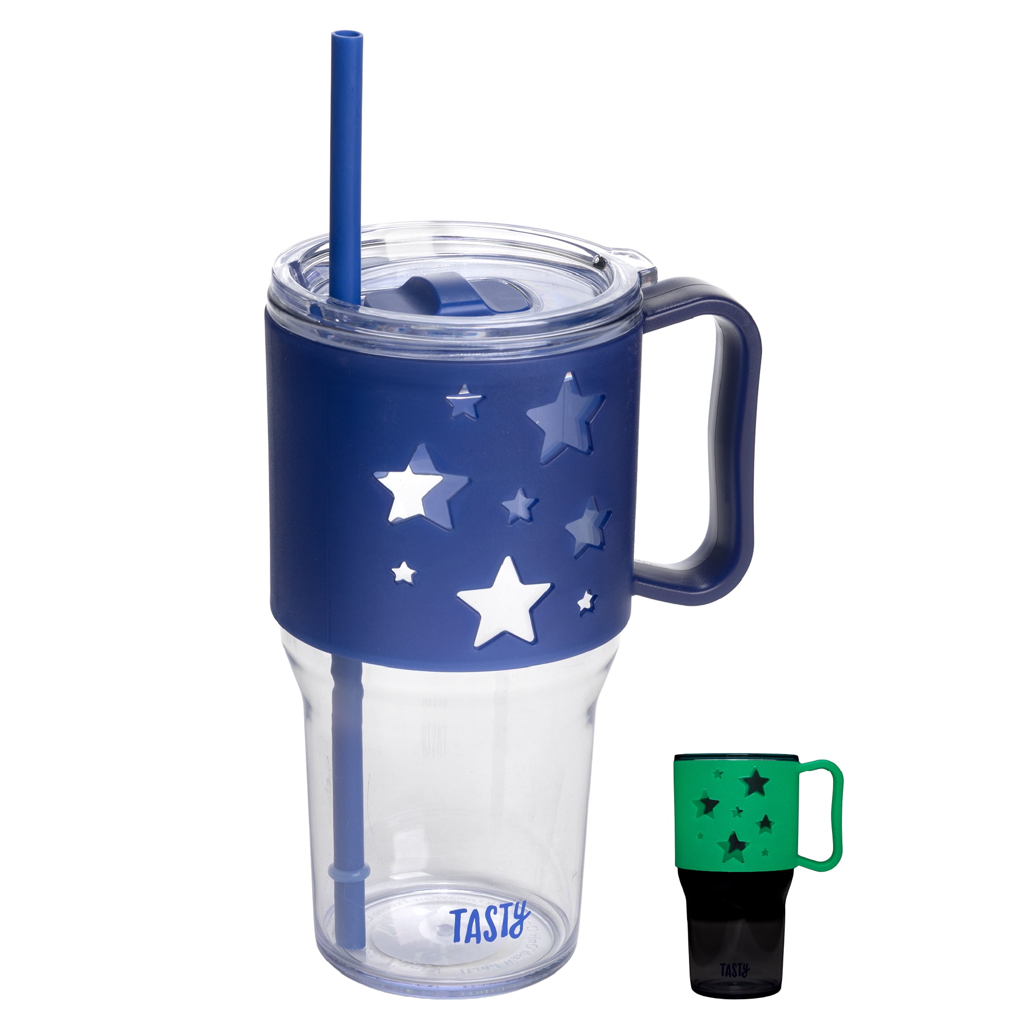 Tasty 40 oz Plastic Tumbler with Lid and Straw, Glow-in-the-Dark Handle, Stars Design, Royal Blue