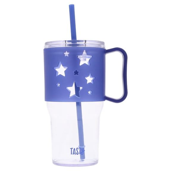 Tasty 40 oz Plastic Tumbler with Lid and Straw, Glow-in-the-Dark Handle, Stars Design, Royal Blue