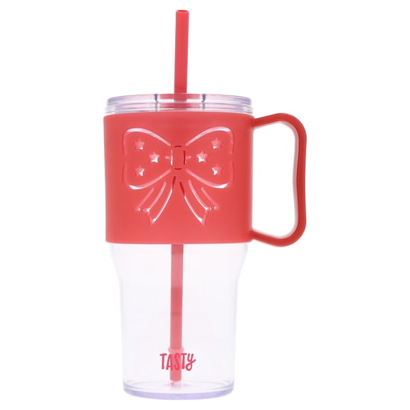 Tasty 40 oz Plastic Tumbler with Lid and Straw, Glow-in-the-Dark Handle, Bow Design, Red
