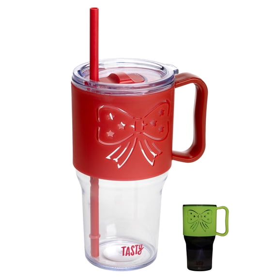 Tasty 40 oz Plastic Tumbler with Lid and Straw, Glow-in-the-Dark Handle, Bow Design, Red