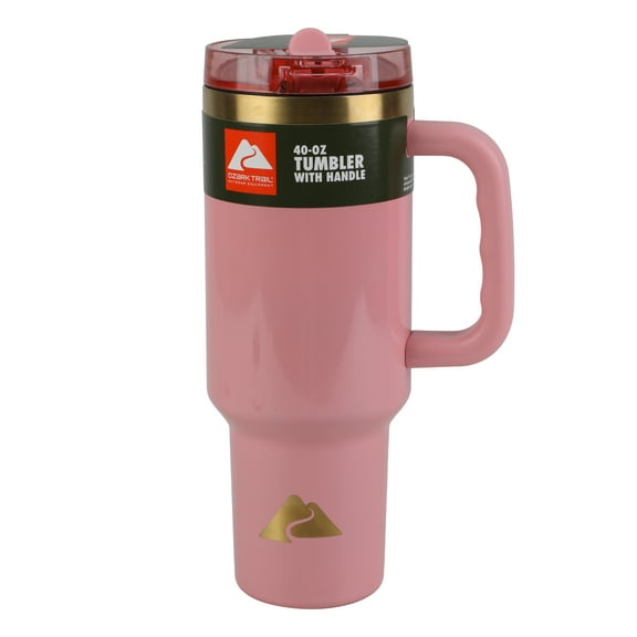 Ozark Trail 40oz Insulated Stainless Steel Tumbler with Handle and Flip Straw Lid. Leak Resistant, Rose Shimmer