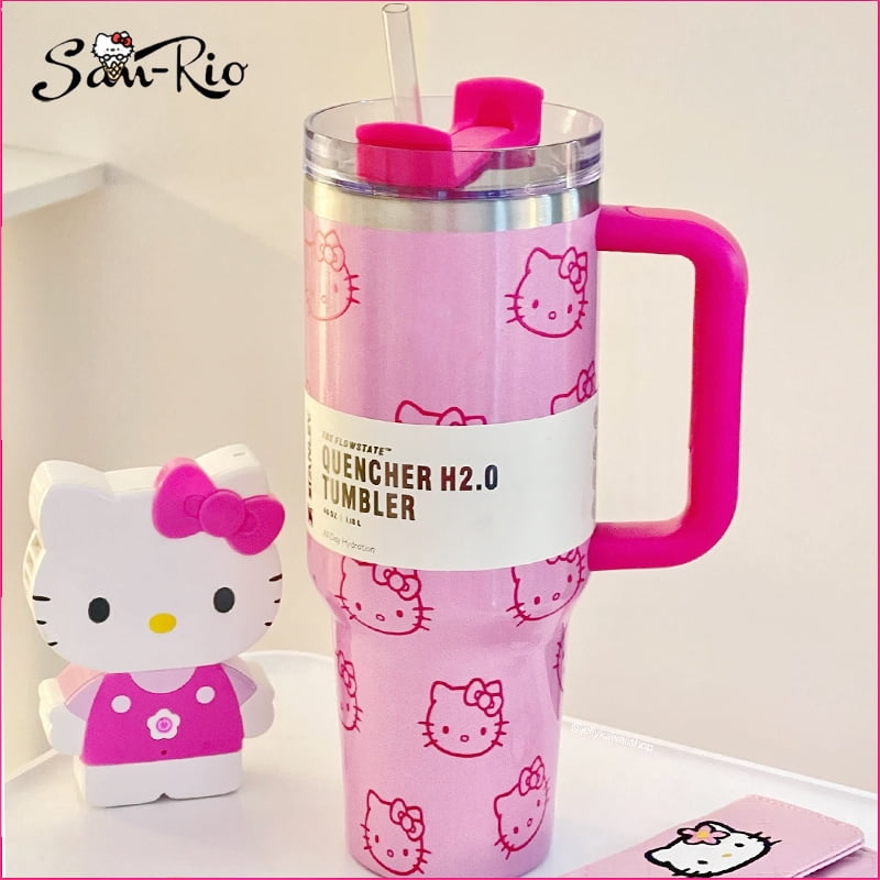 40Oz Hello Kitty Stainless Steel Insulated Mug Pink with Handle Straw Mugs Large Capacity Thermos Drinks Coke Coffee Mug