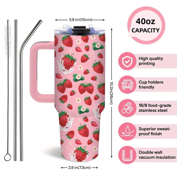 40Oz Pink Strawberry Tumbler with Handle & Straw - Insulated for Hot/Cold. Ideal Birthday/Christmas/Thanksgiving Gift for Women, Daughter, Mom, Best Friend