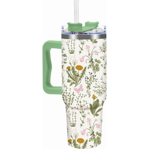 40Oz Vintage Wildflower Tumbler with Straw & Lid Green Floral Travel Coffee Tumbler Cup with Handle for Spring Party Favor Supplies