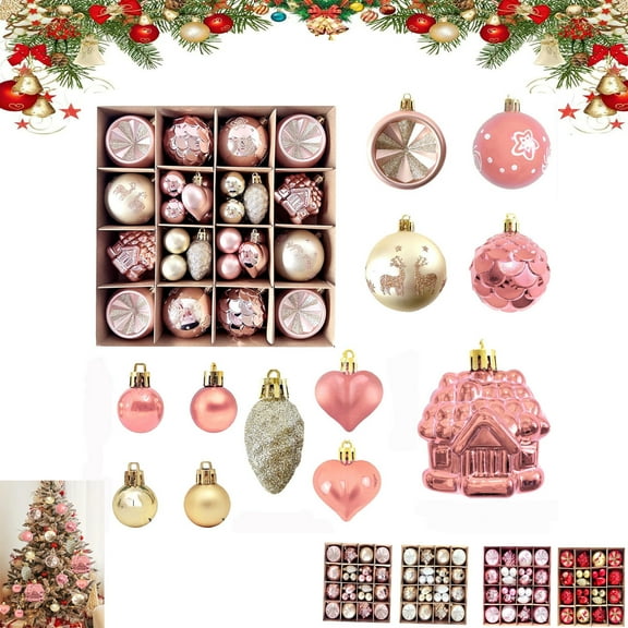 40PC Christmas Ornaments, Various Styles Of Christmas Ball Ornaments, Differently Shaped Christmas Balls Set, Christmas Balls For Holiday Xmas Tree Decor, Hanging Ornament For Indoor(Pink)