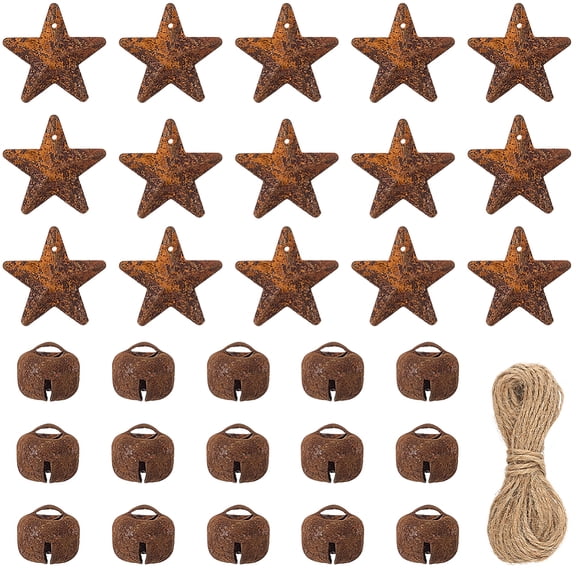 40PCS 1 Inch Metal Barn Stars Rusted Primitive Stars Tin Dimensional Pendants Country Five-Pointed Star Accents with 40PCS Bells