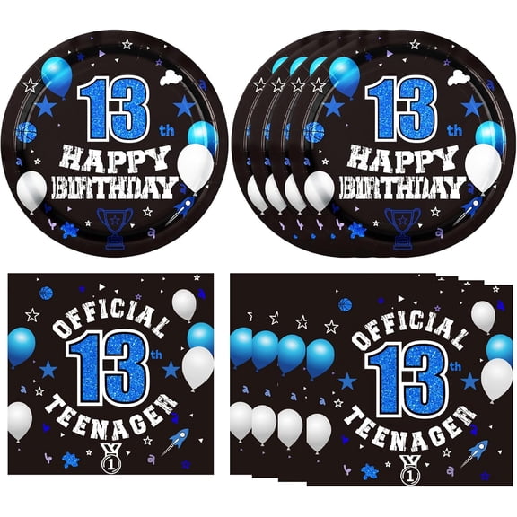 40PCS 13th Birthday Decorations for Boys 13th Birthday Plates and Napkins Set Disposable Blue Thirteen Birthday Tableware for Kids Teenager Party Supplies Favors Serves 20