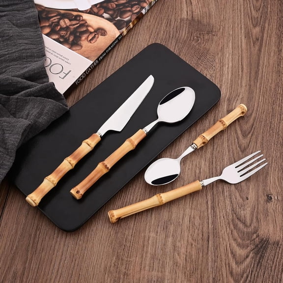 40PCS Bamboo Handle Flatware Set Stainless Steel Cutlery for 10 - Polished Silverware Set for Home Restaurant Party Camping Picnic