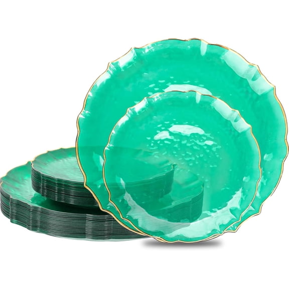 40PCS Clear Green Plastic Plates - Green and Gold Disposable Hammered Plates Fancy Lace-Edge, Crystal Design for 20 Guests Include 20 Each(Dinner&Dessert), Ideal for Party & Christmas