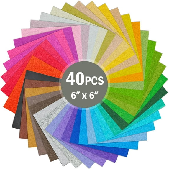 40PCS Felt Fabric Sheets Craft - 6"x 6" Assorted Colors - 1mm Thick Square Nonwoven Felt Fabric for Crafts DIY