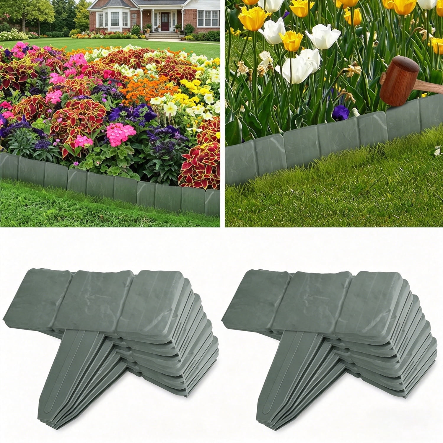 40PCS Garden Lawn Edging Border,Stone Effect Plastic Fence Flower Bed Lawn Edging DIY Decor