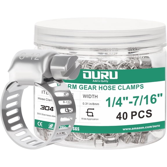 40PCS Hose Clamps Stainless Steel Adjustable 1/4" 7/16"(6-12mm) Worm Gear Hose Clamp, Heavy Duty Metal Small Hose Clamps for Automotive, Pipe, Radiator Plumbing, Fuel Line