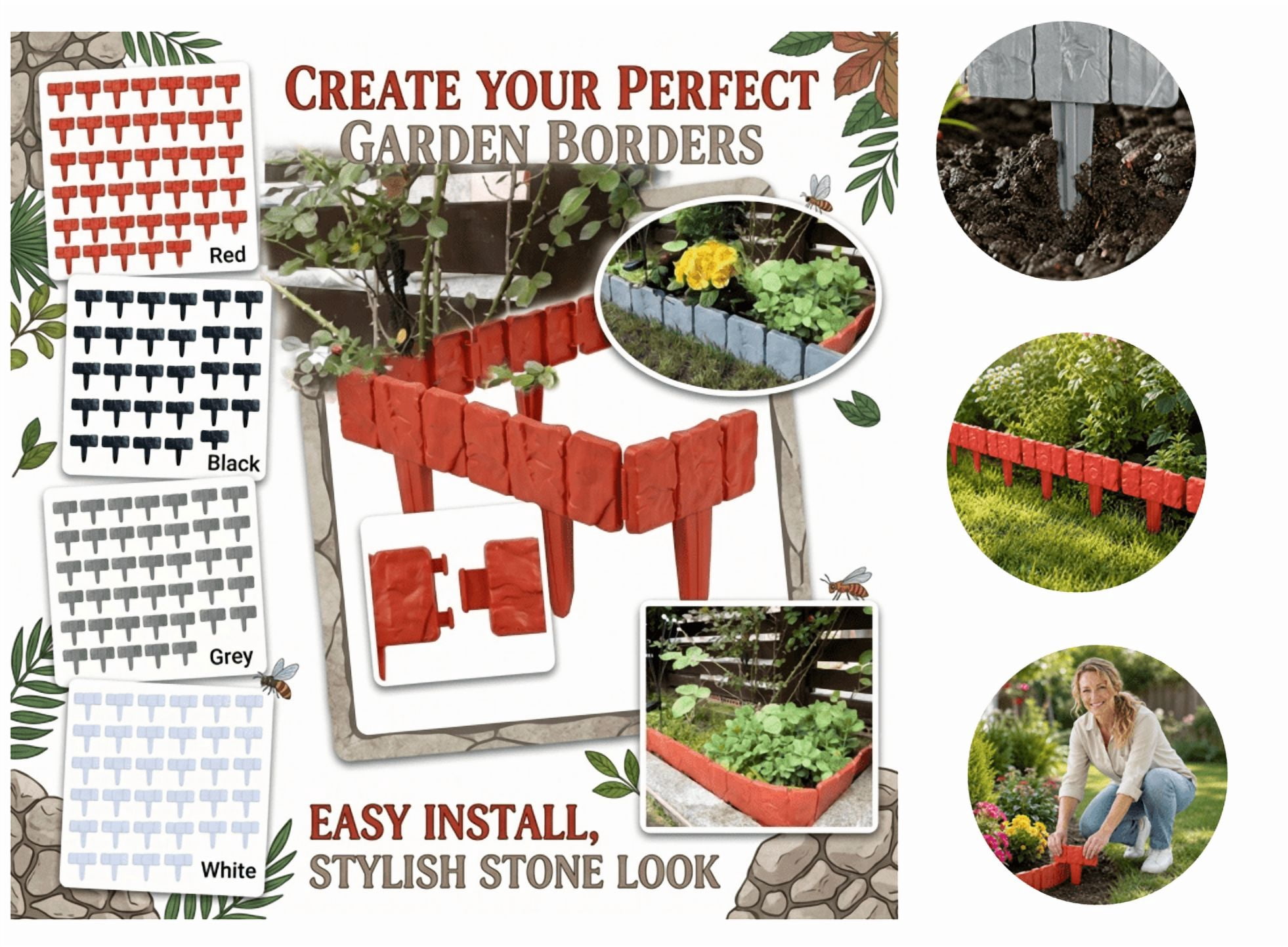 40PCS Imitation Stone Garden Fence, Insert Type Stone Look Garden Fence ...