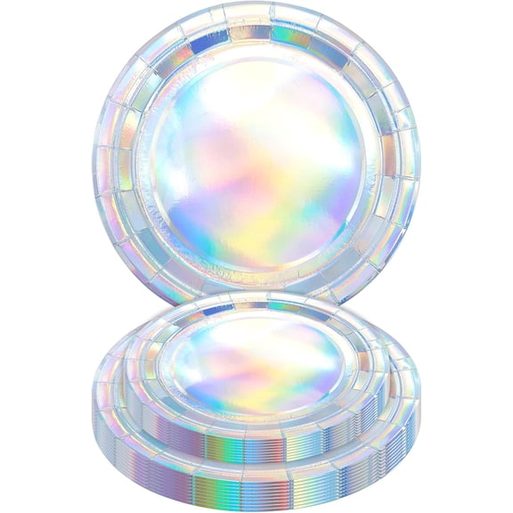 40PCS Iridescent Birthday Party Plates, Disposable Holographic Cake Plates Includes 25-9" & 25-7" Dinner Tableware for Birthda Bridal Wedding Disco