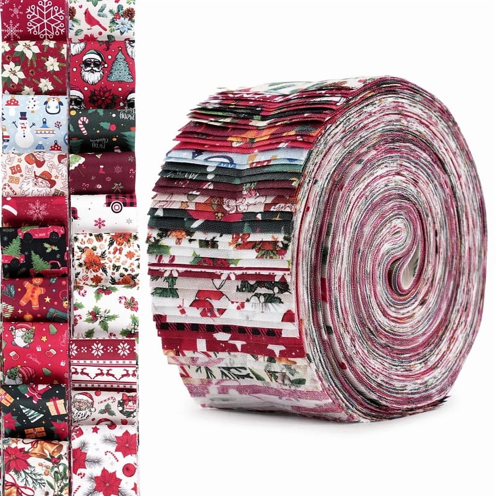 40PCS Jelly Roll Fabric, 2.5x39 Inches (6.5x100 cm) Christmas Cotton Fabric Bundle Patchwork Floral Fabric Sewing Quilting Bundles Assorted Pattern Cloth for DIY Scrapbook Craft Making (Christmas)