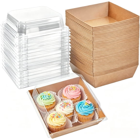 40PCS Kraft Charcuterie Boxes with Clear Lids 4x4 Inch, 40 Pack Brown Square Bakery Cake Slice Boxes with Window, Dessert To Go Containers