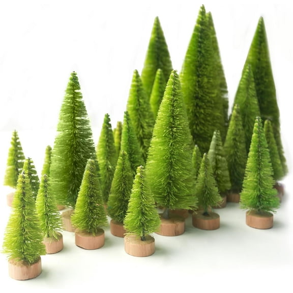 40PCS Mini Christmas Trees, 5 Sizes Artificial Sisal Trees Bottle Brush Xmas Trees with Wooden Base for Xmas Winter Home Table Decoration