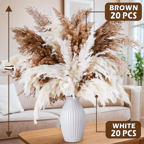 40PCS Pampas Grass Stems 17" Natural Dried Flower Decor 20 White 20 Brown