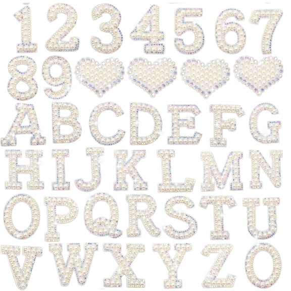 40PCS Pearl Rhinestone Letters Patches Self Adhesive Alphabet A-Z Glitter AB Colored Numbers 0-9 Heart Pearls Applique Stickers for DIY Clothing Backpacks Hats Crafts Dcor
