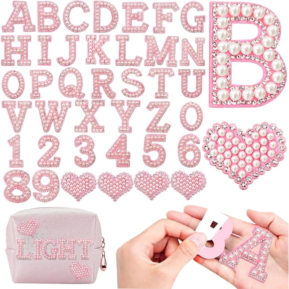 40PCS Pearl Rhinestone Letters Patches Self Adhesive Alphabet A-Z Glitter Bling Numbers 0-9 Heart-Shaped Pearls Applique Stickers for DIY Clothing Bags Backpacks Hats Crafts