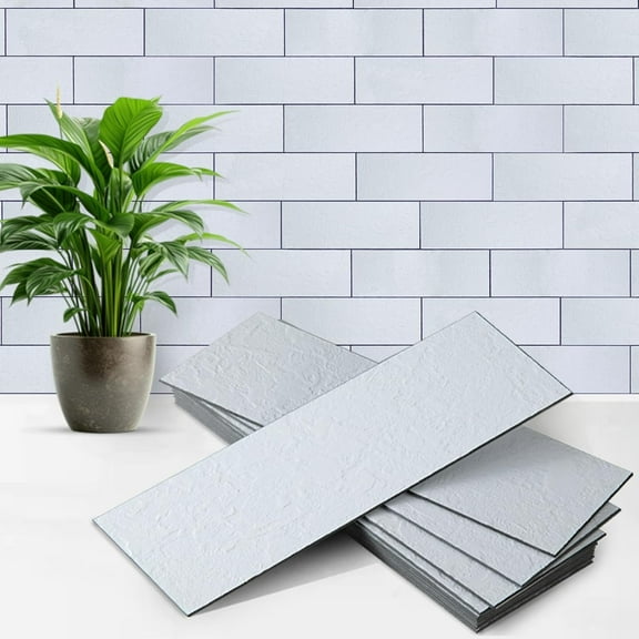 40PCS Peel and Stick Backsplash, 3" x 9" SPC Wall Tiles, Upgraded Structured Soft Glossy Ivory White Slate with Black Grout Backsplash Stick on Tile for Kitchen, Bathroom, Fireplace, RV