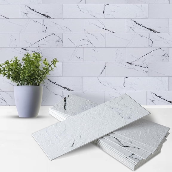 40PCS Peel and Stick Backsplash for Kitchen, 3" x 9" SPC Subway Tiles, Upgraded Structured Soft Glossy Calacatta Panda with White Grout Backsplash Tile for Kitchen, Bathroom, Fireplace, RV