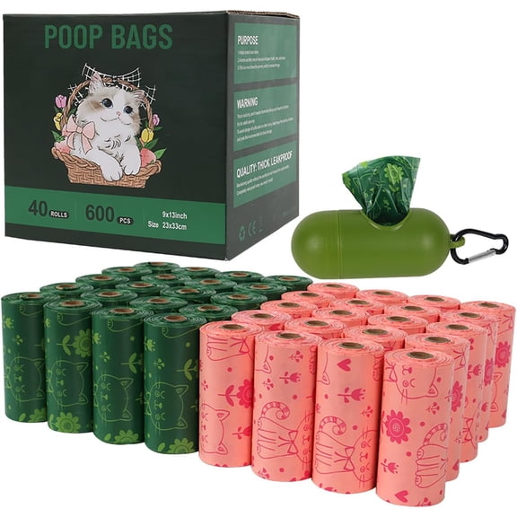 40PCS Pet Waste Sacks with Bag Dispenser, Certified Compostable Dog Poop Bags Landfill Friendly and Leakproof Dog Waste Bags (Pink & Green)