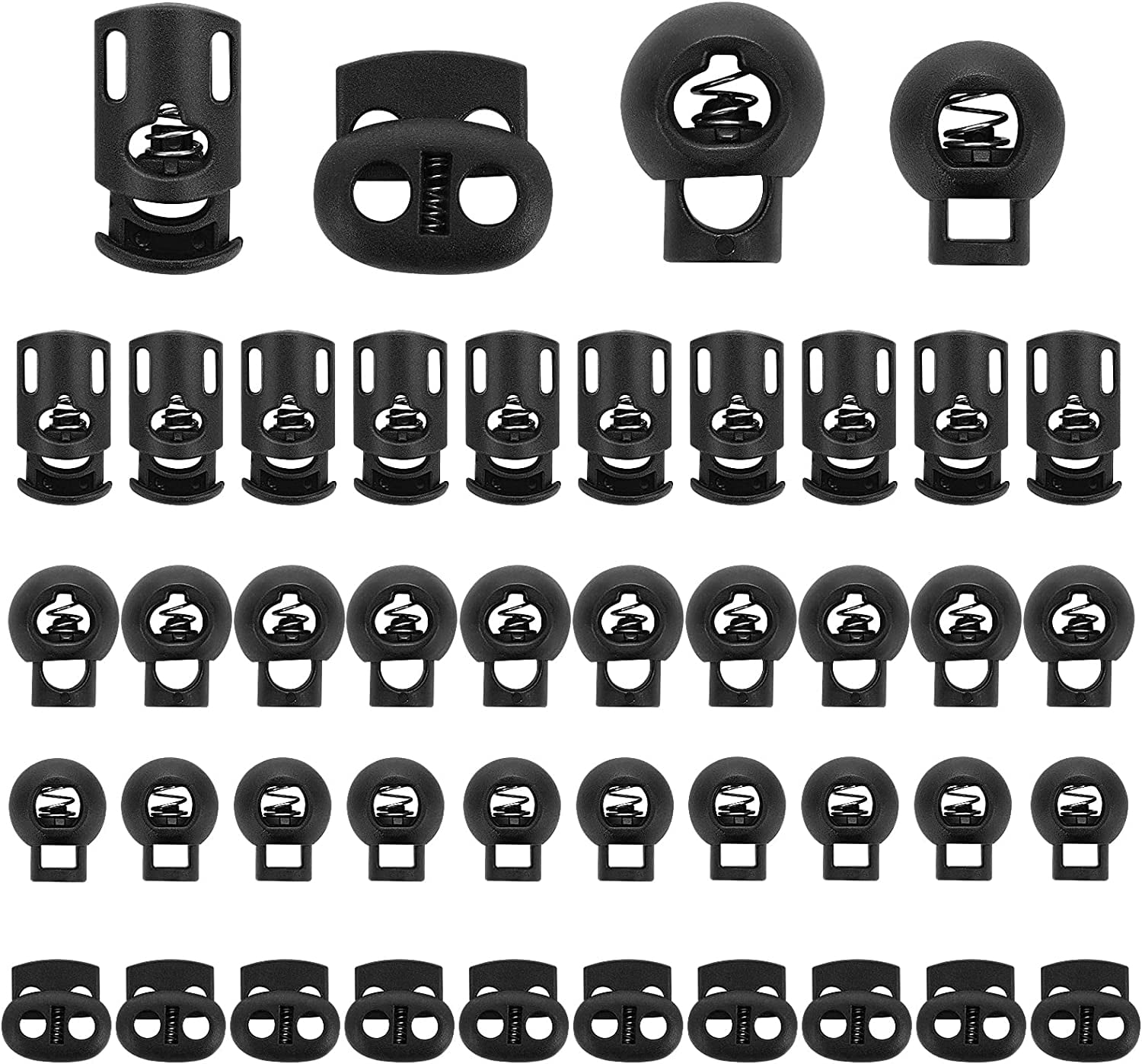 40PCS Plastic Cord Lock, DIY Plastic End Spring Toggle Stopper Buttons Fastener Slider, Lanyard String Cord Clips for Drawstrings Use in Shoelace, Bags, Clothing, Tent Sleeping Bag (4 Sizes)