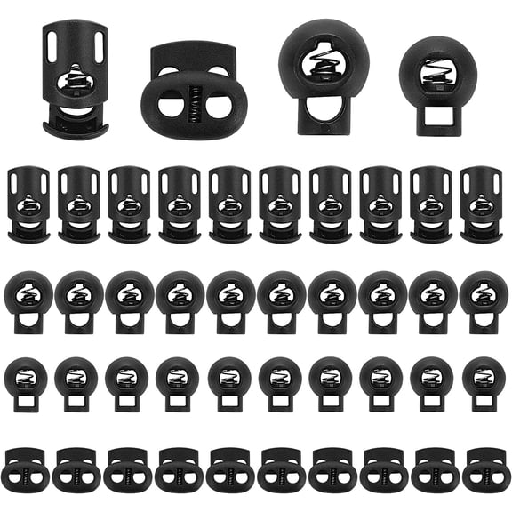 40PCS Plastic Cord Lock, DIY Plastic End Spring Toggle Stopper Buttons Fastener Slider, Lanyard String Cord Clips for Drawstrings Use in Shoelace, Bags, Clothing, Tent Sleeping Bag (4 Sizes)