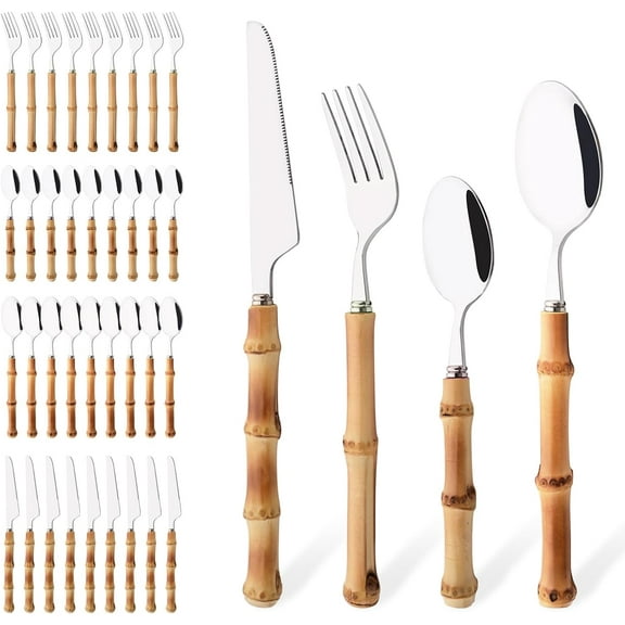 40PCS Silverware Set for 10, Bamboo Handle Flatware Set, Stainless Steel Cutlery Set for Home Restaurant and Party, Bamboo Forks Spoons and Knives Set, Polished Tableware