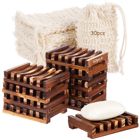 40PCS Soap Holder Set, 10 Wood Soap Dishes with Clear Moisture-Resistant Coating and 30 Cotton Linen Drawstring Soap Bags, Bar Soap Saver Set for Bathroom, Shower, Kitchen, Travel