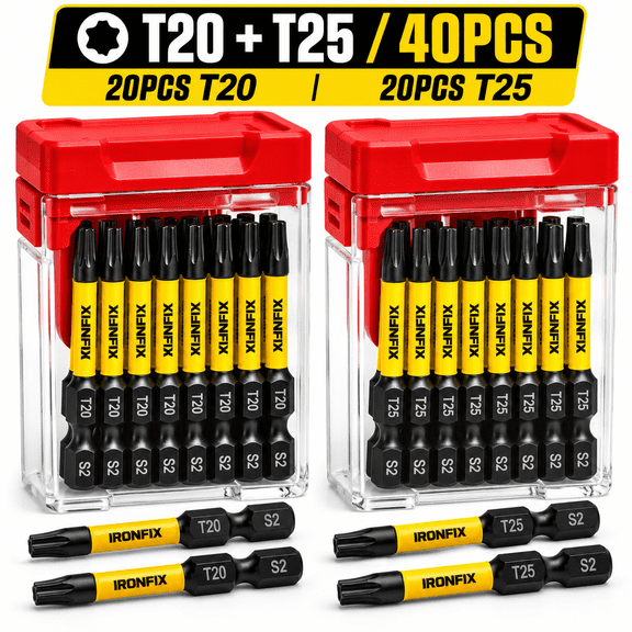 40PCS T20 T25 Torx Bit Set, 20PCS T20 & 20PCS T25 2 Inch Impact Driver Bits, S2 Alloy Steel Star Screwdriver Bits with 1/4" Hex Shank, Magnetic Tips and 2 Storage Cases for Decking, Woodworking & DIY