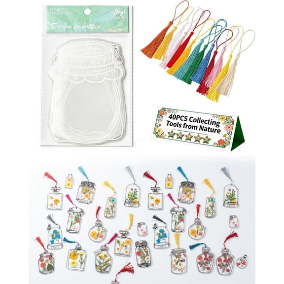 40PCS Transparent Dried Flower Bookmarks - DIY Gifts Mark Kit Crafts Making Set, Clear Pressed Stickers Handmade Own Bulk Floral Personalized Women Pattern Tassels Plastic Supplies