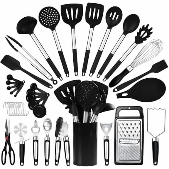 40PCs Silicone Cooking Utensils Set 446℉ Heat Resistance, BPA Free Kitchen Utensils Set for Nonstick Cookware, Gadgets includes Can Opener, Potato Smasher,Peeler,Tongs,Spatula Set,Pizza Cutter$$
