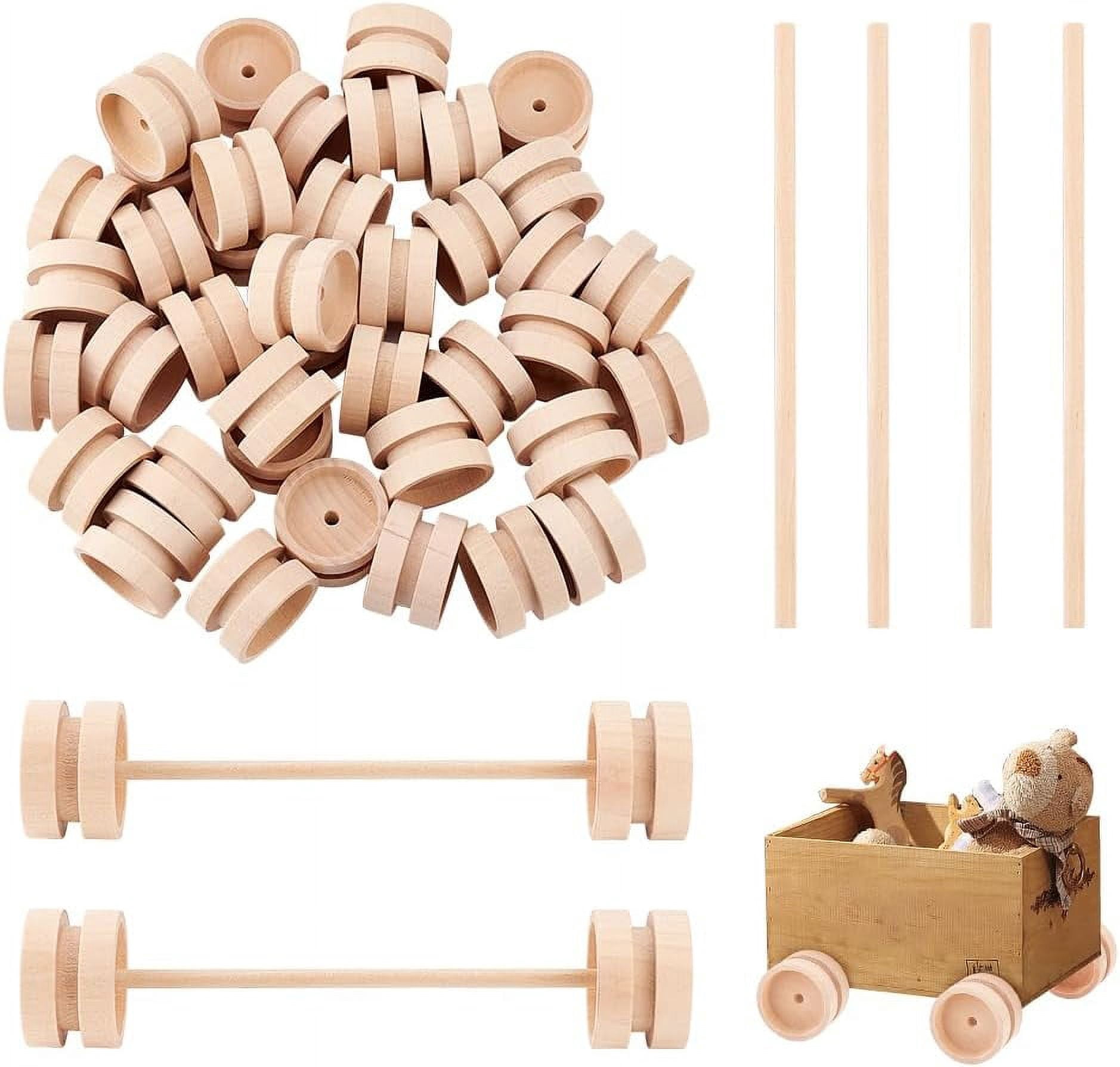 40Pcs 1.5x1 Inch Wooden Craft Wheels with 20Pcs 5.9 Inch Wooden Sticks Wood Vehicle Wheels Unfinshed Wooden Wheel Small Flat Round Wooden Wheels