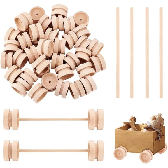 40Pcs 1.5x1 Inch Wooden Craft Wheels with 20Pcs 5.9 Inch Wooden Sticks Wood Vehicle Wheels Unfinshed Wooden Wheel Small Flat Round Wooden Wheels