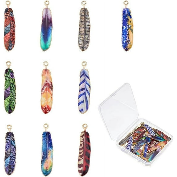 40Pcs 10 Colors Alloy Pendants Printed Feather Charm Light Gold Mixed Color 36.5x8x1.5mm Hole: 1.8mm 4pcs/color