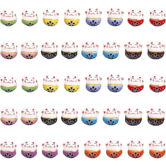 40Pcs 10 Colors Ceramic Lucky Cat Beads Handmade Porcelain Lucky Cat Loose Spacer Beads Ceramic Bead Bulk