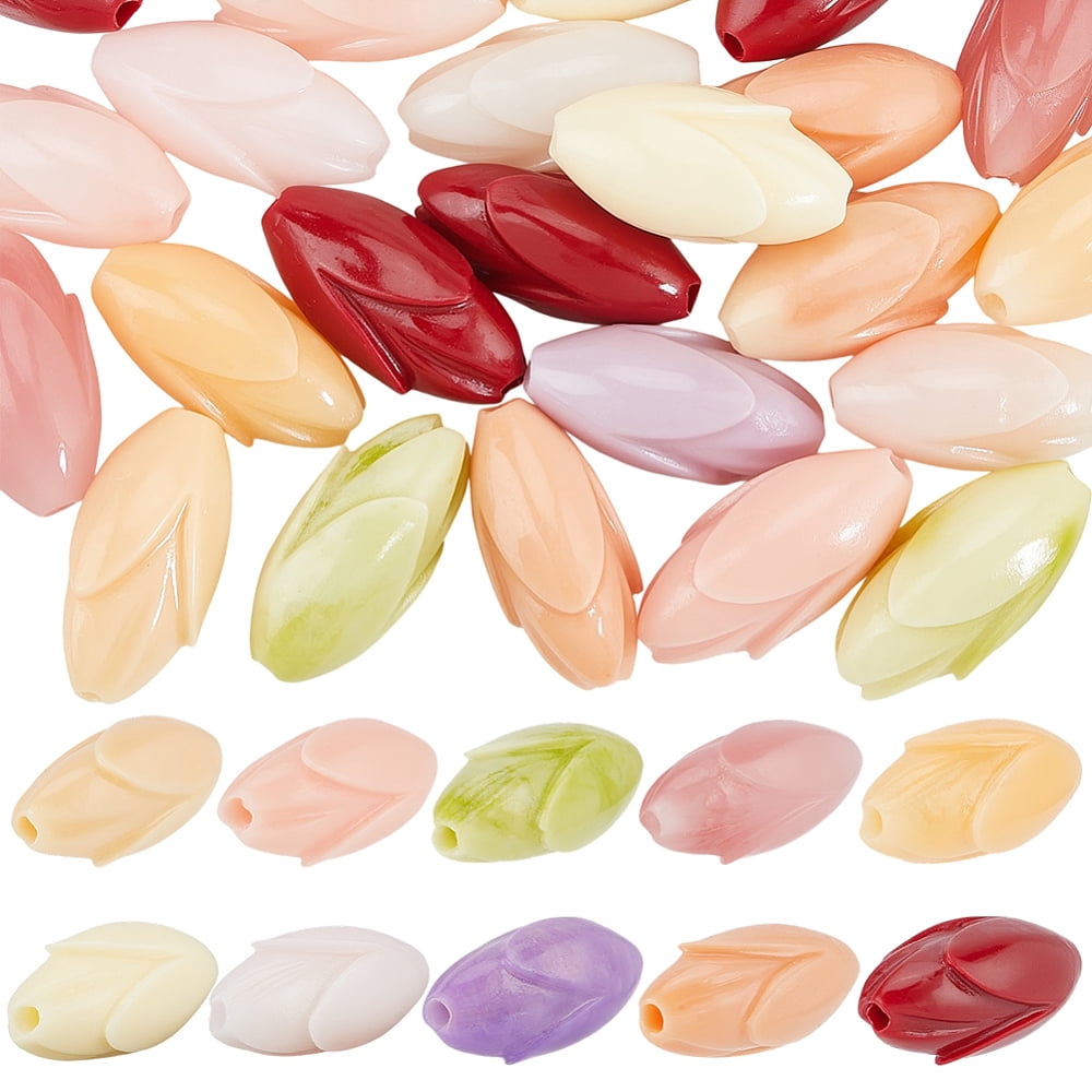 40Pcs 10 Colors Dyed Coral & Resin Beads Flower Bud Shape Mixed Color 15.5x7.5mm Hole: 1.5mm 4pcs/color