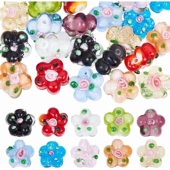40Pcs 10 Colors Handmade Lampwork Beads Strands Bumpy Flower Mixed Color 13.5x14.5x7mm Hole: 1.4mm 4pcs/color