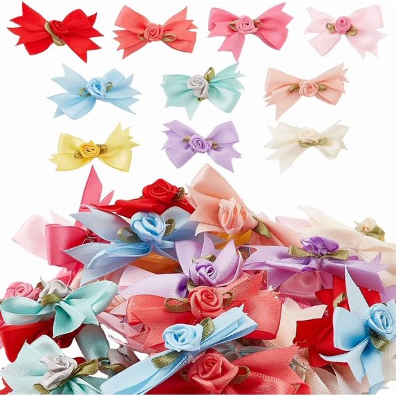 YYCRAFT 20 PCS 2" Satin Flower Rhinestone Embellishments - For DIY Hair Bows, Crafts, Sewing (White)