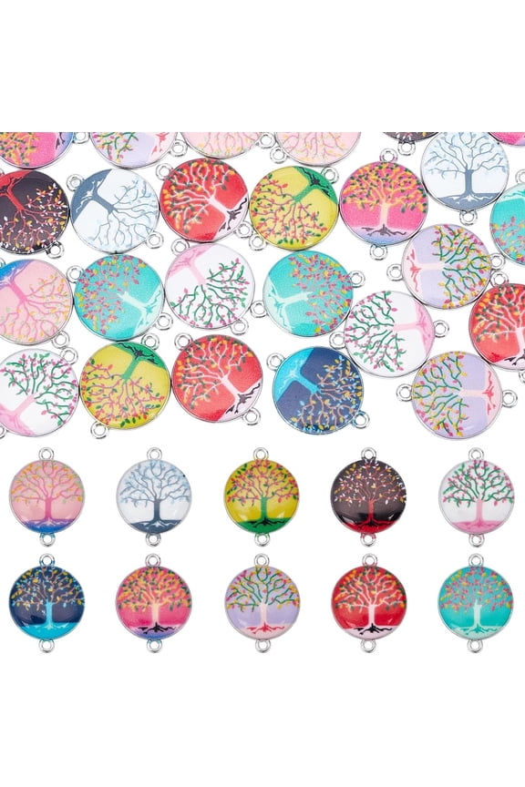 40Pcs 10 Colors Tree of Life Pendant Charms Flower Connector Charms Tree of Life Lucky Charm Pendant Flat Round Pendants for DIY Necklace Bracelets Earring Jewelry Making