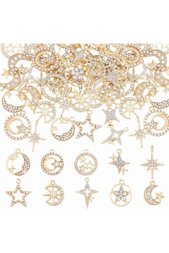 40Pcs 10 Styles Rhinestone Star Moon Charms Alloy Crescent Moon Charms Star Charm Light Gold Celestial Charms for DIY Jewelry Making Hole: 1.4-2.3mm