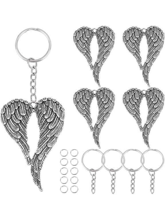 40Pcs 10Sets Silver Angel Wings Charms Bulk Tibetan Style Alloy Wing Keychain Making Pendants Angel Wings Charms Key Ring