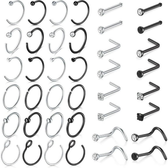 40Pcs 18 Nose Rings Studs Surgical Stainless Steel Hypoallergenic L Shaped Nose Piercing Jewelry for Women Men Silver Black Nostril Hoop Rings 18 Gauge