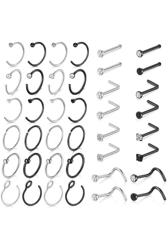 40Pcs 18 Nose Rings Studs Surgical Stainless Steel Hypoallergenic L Shaped Nose Piercing Jewelry for Women Men Silver Black Nostril Hoop Rings 18 Gauge