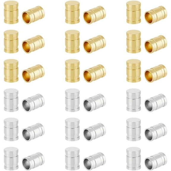 40Pcs 2 Colors 5mm Diameter Column Cord Ends 304 Stainless Steel Cord End Covers Line Crimp Ends leatheretteette Cord Terminators Hole 4mm