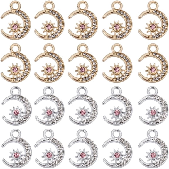 40Pcs 2 Colors Alloy Pendants with Light Rose Rhinestone Cadmium Free & Nickel Free & Lead Free Moon & Star Platinum & Light Gold 15.5x11.5x2.5mm Hole: 1.8mm 2pcs/color