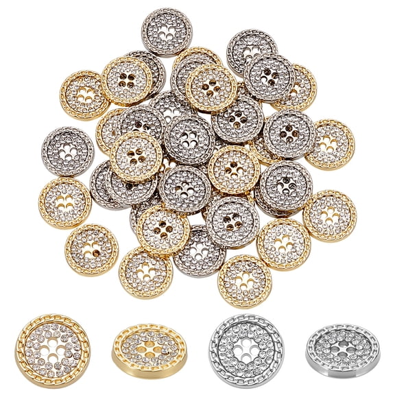 40Pcs 2 Colors Alloy Rhinestone Buttons Flat Round 4-Hole Mixed Color 12x2mm 20pcs/style
