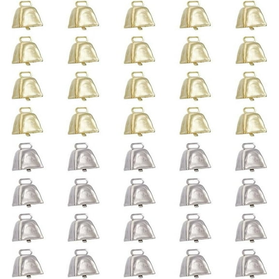 40Pcs 2 Colors Christmas Decoration Bells Mini Cow Bells Metal Square Bell with Loud Sound Golden and Sliver Jingle Bells with Ring for Pet Ornamentation Christmas Tree Decoration Colorful